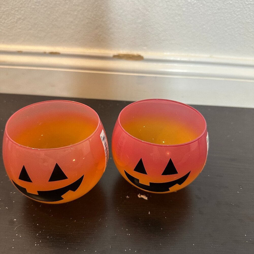 New Halloween Orange Spooky Jack-o-lantern Pumpkin Glass Cup 2 Set